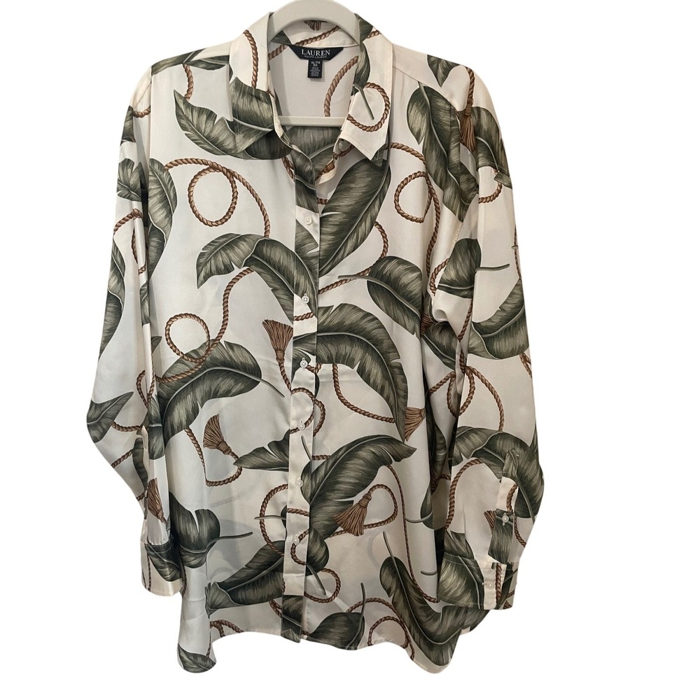 Lauren Ralph Lauren Tropical Leaf Rope Print Twill Shirt Blouse Size XL Luxury